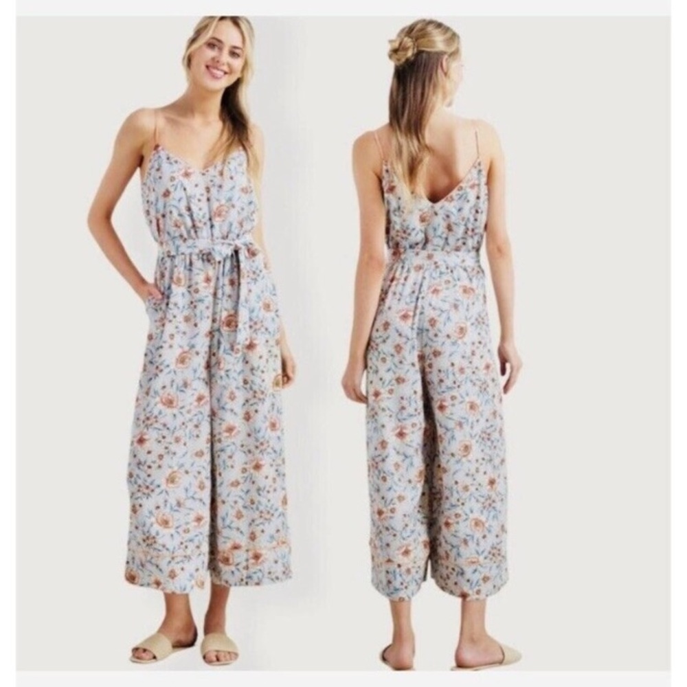 Leith Kelsey Wide-leg Floral Sleeveless Belted Tie Waist Jumpsuit